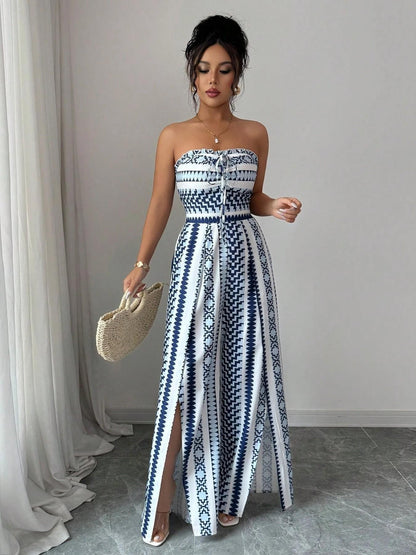 ✨👗 Geometric Jumpsuit with Halter Neckline & Side Slit – 50% OFF! Perfect for Beach, Office & Evening. 🔥✨