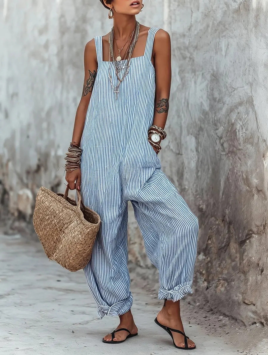 ✨Women's Minimalist Striped Loose-Fit Square-Neck Sleeveless Jumpsuit