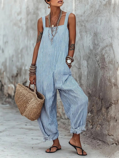 ✨Women's Minimalist Striped Loose-Fit Square-Neck Sleeveless Jumpsuit