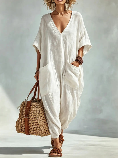 ✨Oversized Linen-look Cotton V-neck Harem Jumpsuit