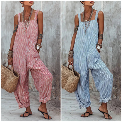 ✨Women's Minimalist Striped Loose-Fit Square-Neck Sleeveless Jumpsuit