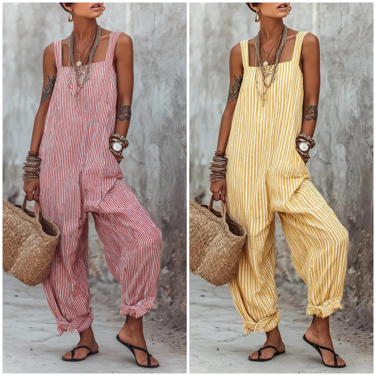 ✨Women's Minimalist Striped Loose-Fit Square-Neck Sleeveless Jumpsuit