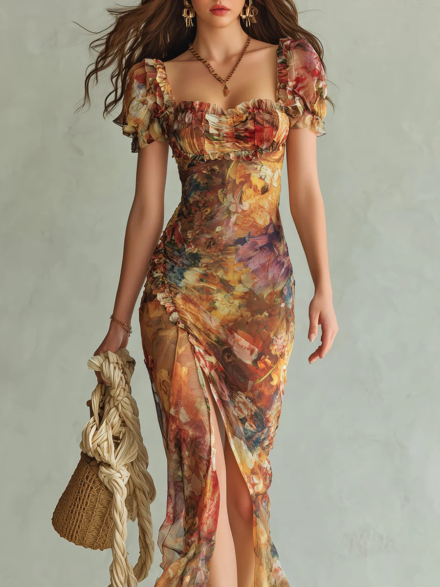 ✨Orange Bohemian Holiday Oil Painting Print Chiffon Maxi Dress