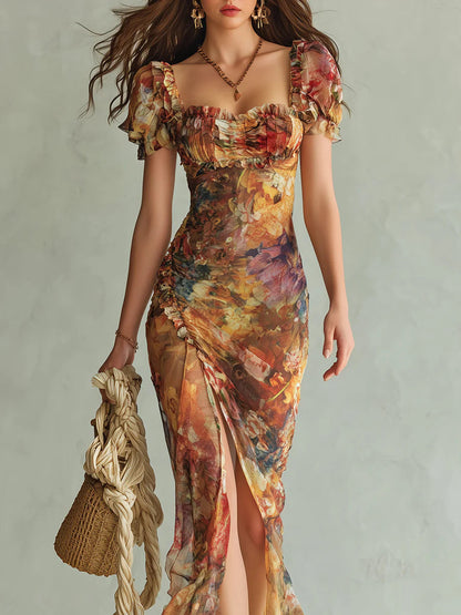 ✨Orange Bohemian Holiday Oil Painting Print Chiffon Maxi Dress