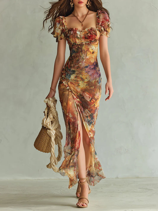 ✨Orange Bohemian Holiday Oil Painting Print Chiffon Maxi Dress