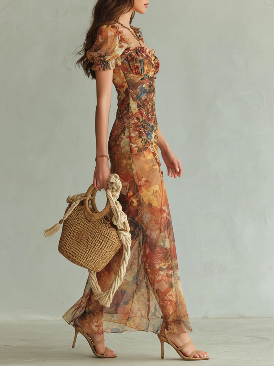 ✨Orange Bohemian Holiday Oil Painting Print Chiffon Maxi Dress
