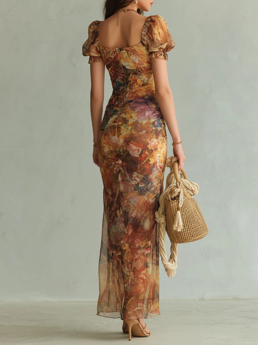 ✨Orange Bohemian Holiday Oil Painting Print Chiffon Maxi Dress