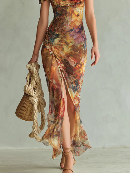 ✨Orange Bohemian Holiday Oil Painting Print Chiffon Maxi Dress