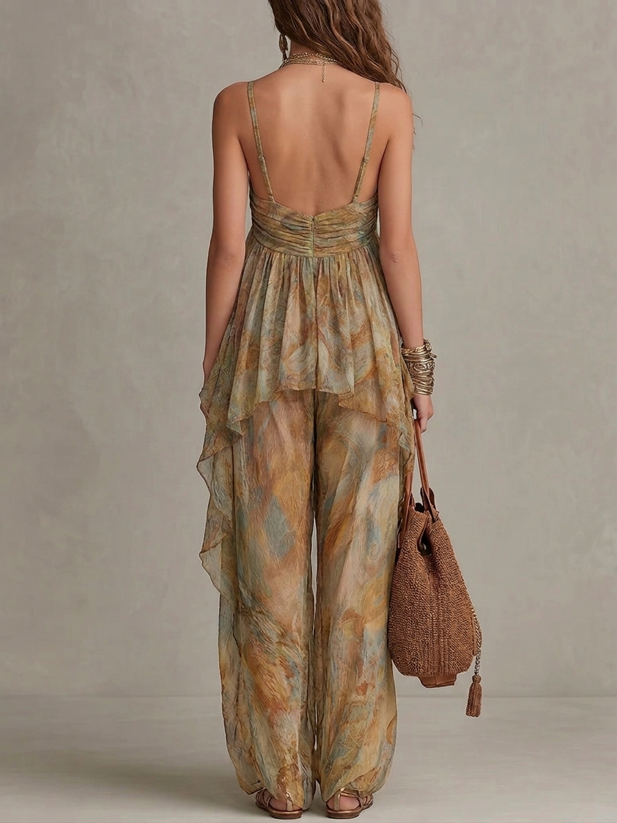 ✨Khaki Printed Chiffon Ruffled Camisole And Wide-leg Pants Set