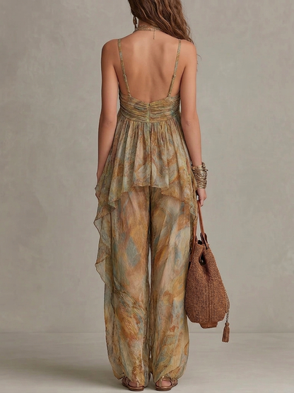 ✨Khaki Printed Chiffon Ruffled Camisole And Wide-leg Pants Set