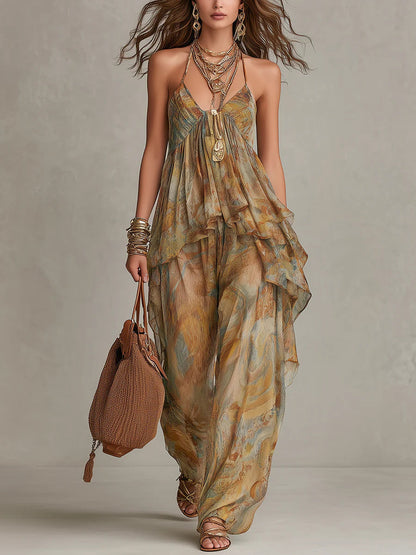 ✨Khaki Printed Chiffon Ruffled Camisole And Wide-leg Pants Set