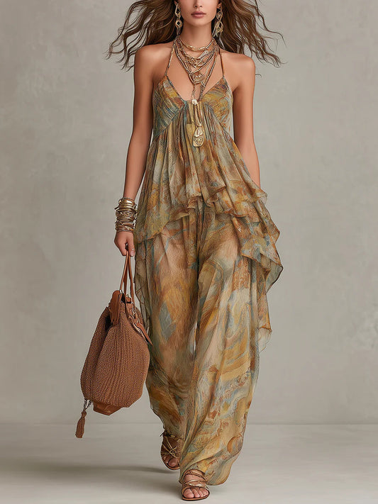 ✨Khaki Printed Chiffon Ruffled Camisole And Wide-leg Pants Set
