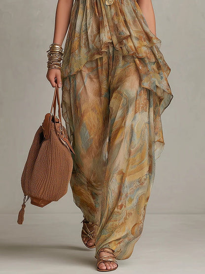 ✨Khaki Printed Chiffon Ruffled Camisole And Wide-leg Pants Set