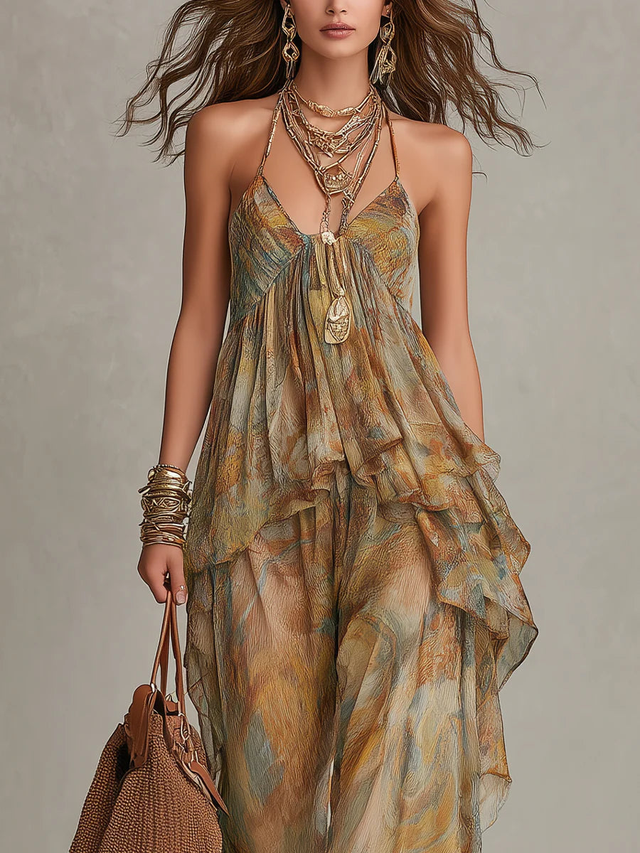 ✨Khaki Printed Chiffon Ruffled Camisole And Wide-leg Pants Set
