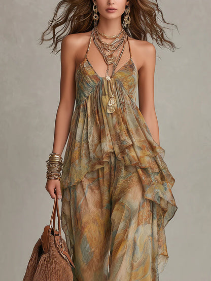 ✨Khaki Printed Chiffon Ruffled Camisole And Wide-leg Pants Set