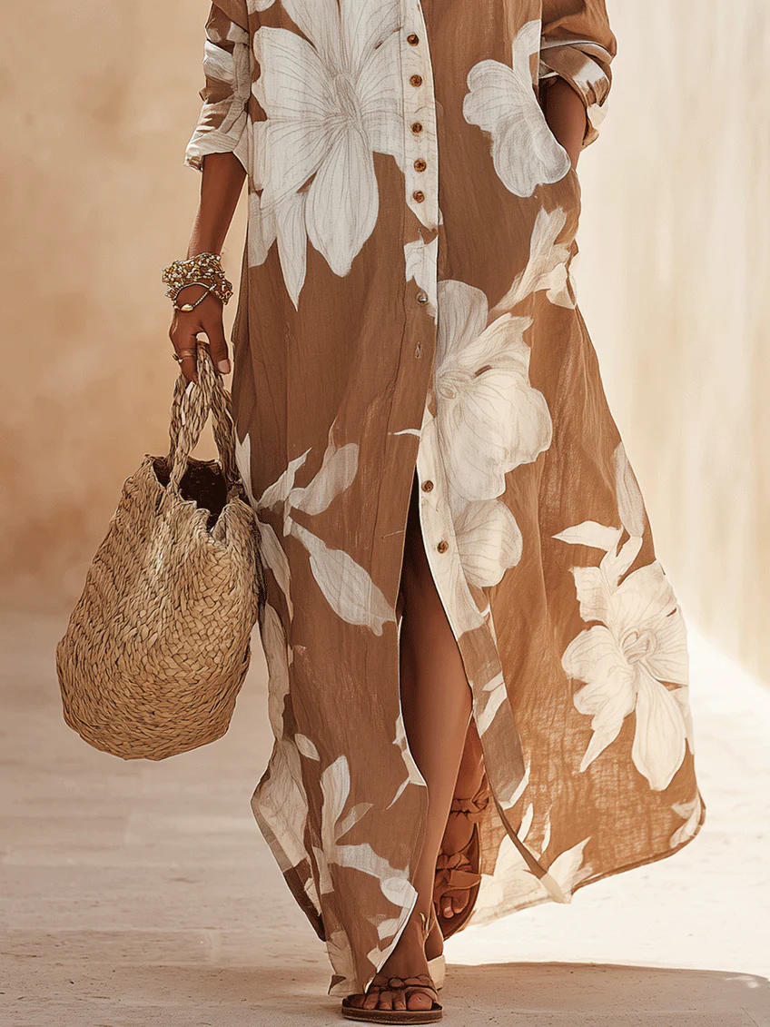 ✨✨White Floral Print Vacation Maxi Shirt Dress