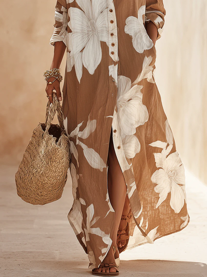 ✨✨White Floral Print Vacation Maxi Shirt Dress