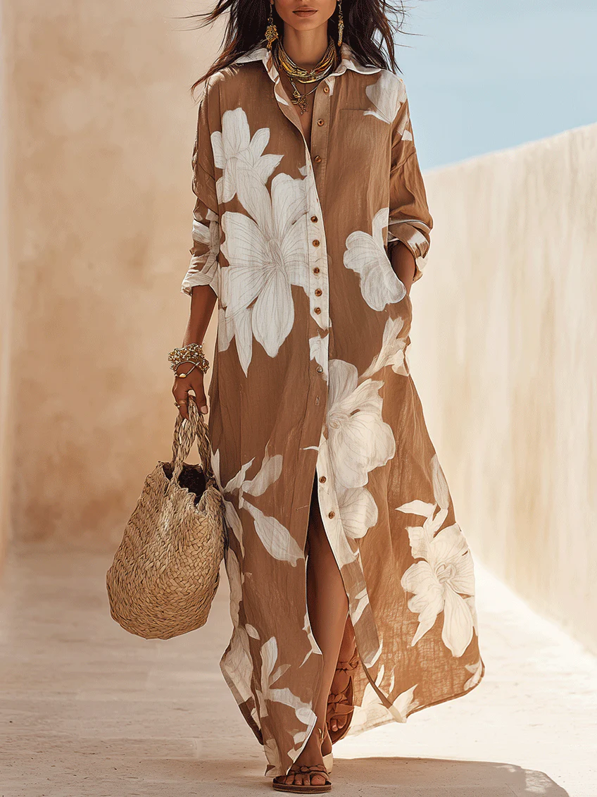 ✨✨White Floral Print Vacation Maxi Shirt Dress