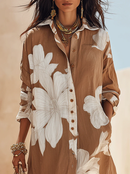 ✨✨White Floral Print Vacation Maxi Shirt Dress