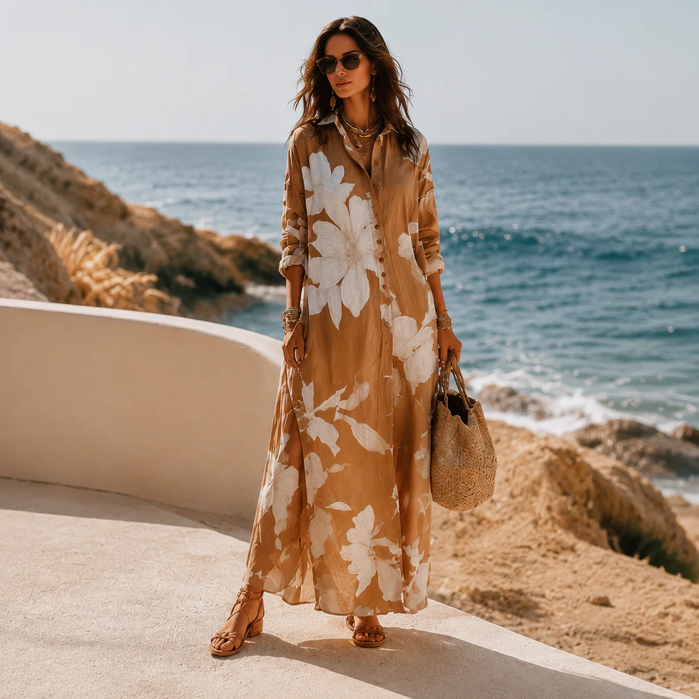 ✨✨White Floral Print Vacation Maxi Shirt Dress