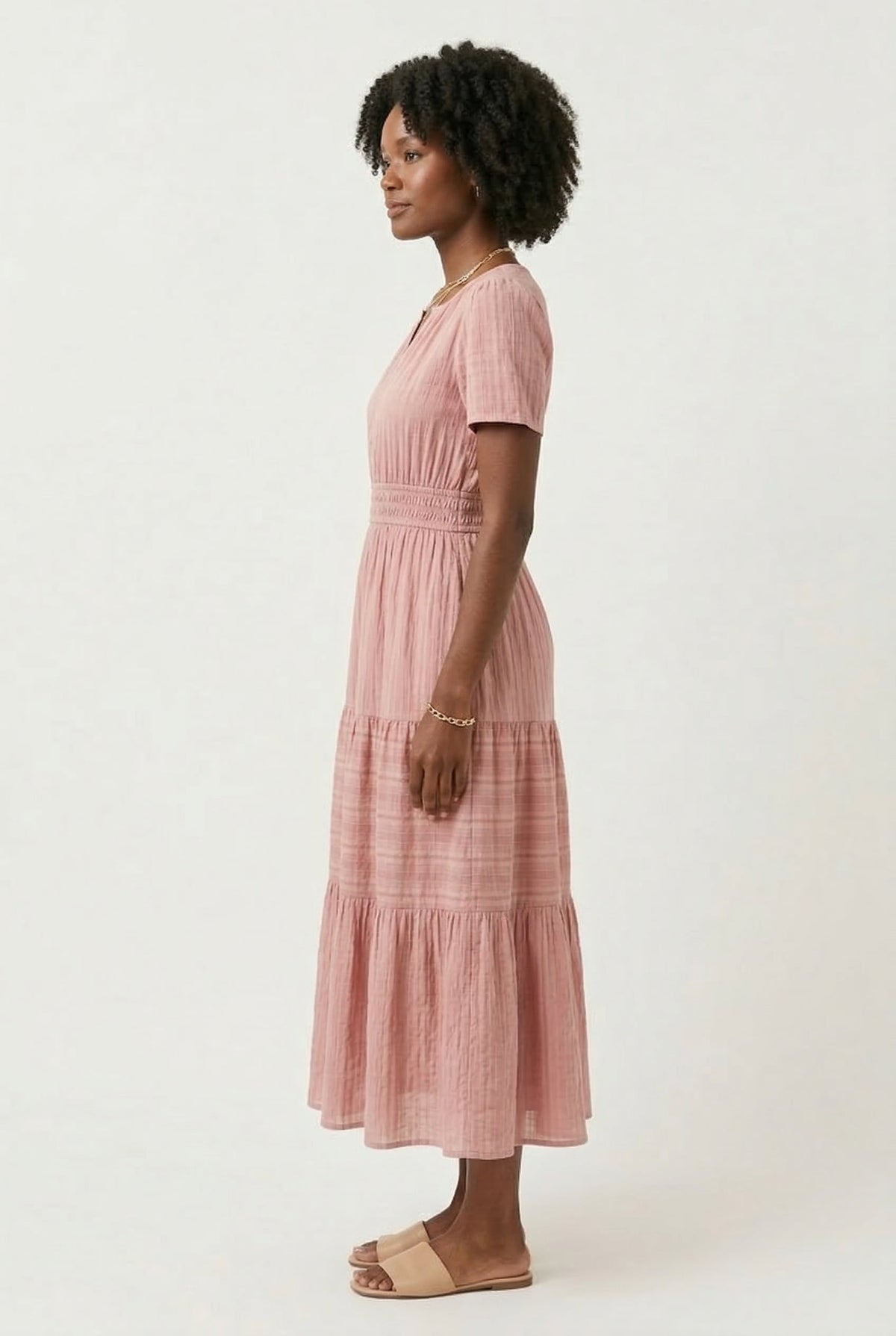 Smocked Waist Long Dress –  V-Neck, Puff Sleeves & Pockets