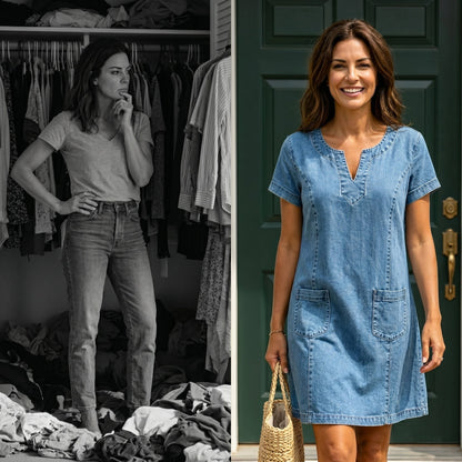 🌿🌿Women'S V-Neck Pleated Pocket Short-Sleeved Denim Dress