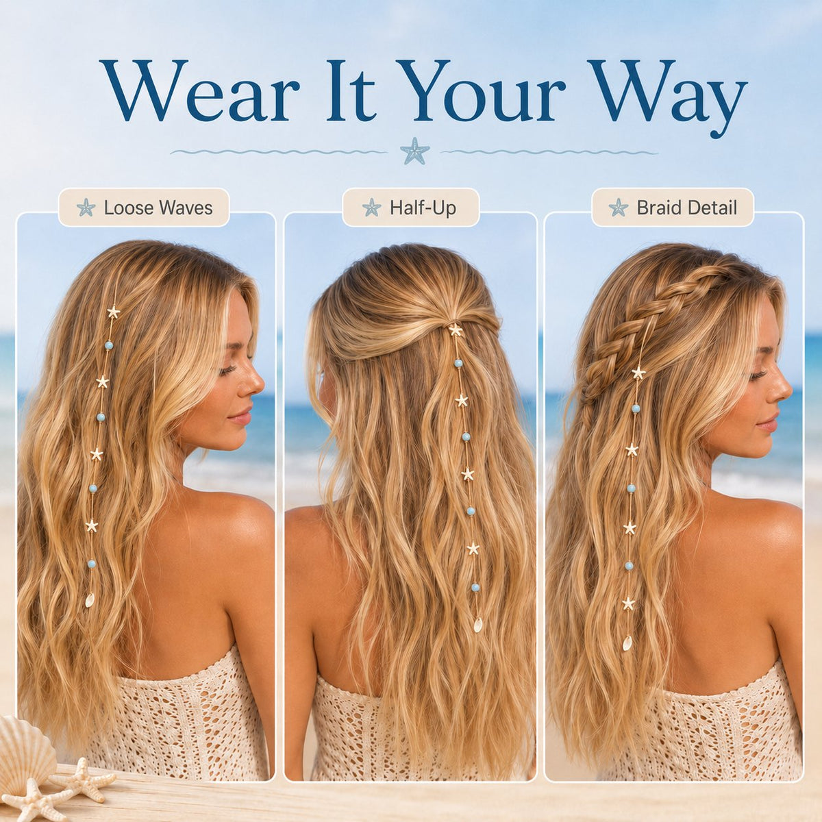 🔥LAST DAY 50% OFF - 🌊⭐Beachy Mermaid Hair Accent Clip (Featuring blue bead accents, starfish, and shell charms)