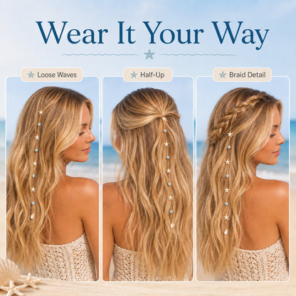 🔥LAST DAY 50% OFF - 🌊⭐Beachy Mermaid Hair Accent Clip (Featuring blue bead accents, starfish, and shell charms)