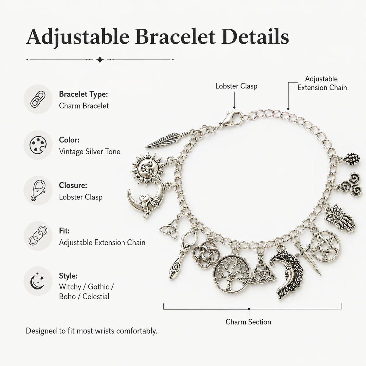 🔮🌟Vintage Witchy Charm Bracelet | Celestial Gothic Boho Jewelry for Women