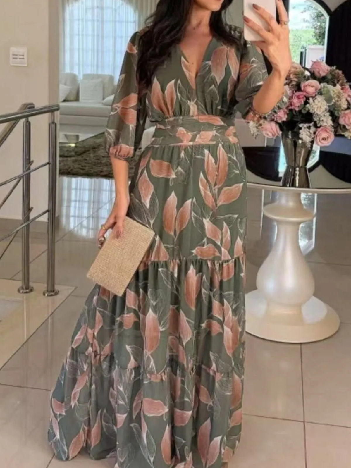 Floral V-Neck Maxi Dress with Tiered Ruffle Hem – Plus Size