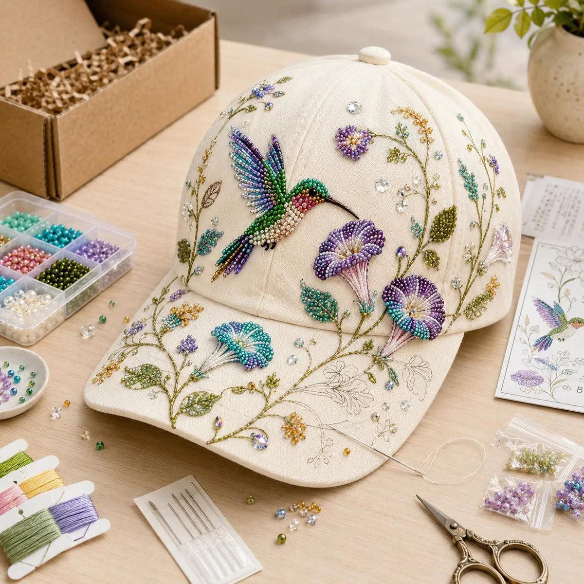 🐦🌸 Premium Hummingbird Garden Beaded Hat DIY Kit | DIY Handmade Floral Cap Decor 🌿🪡✨