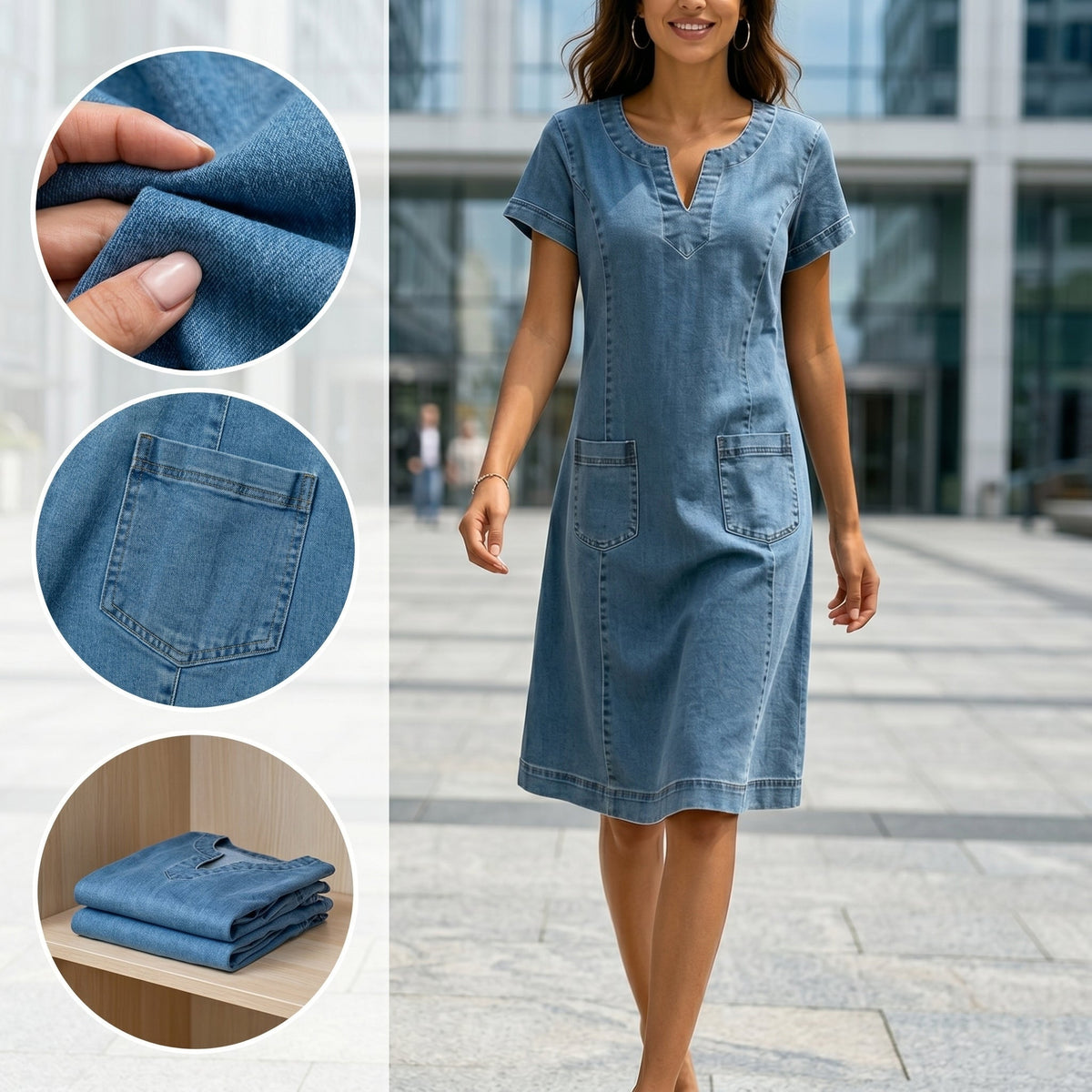 🌿🌿Women'S V-Neck Pleated Pocket Short-Sleeved Denim Dress