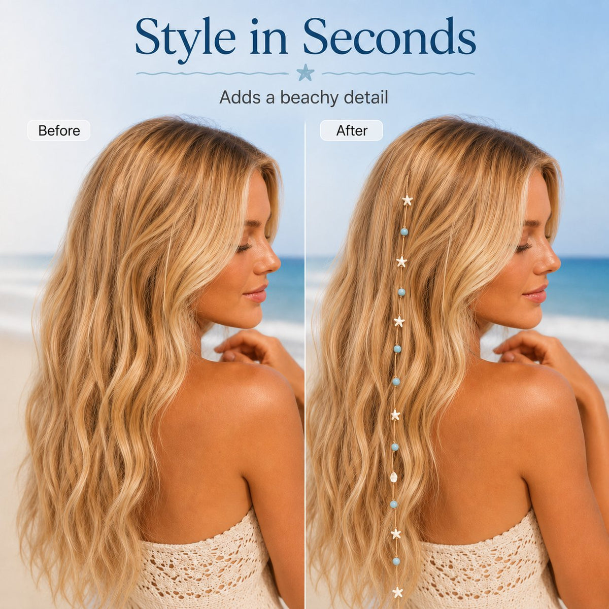 🔥LAST DAY 50% OFF - 🌊⭐Beachy Mermaid Hair Accent Clip (Featuring blue bead accents, starfish, and shell charms)
