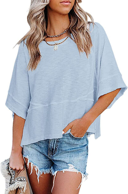 Panel Solid Color Flared Sleeve T-Shirt