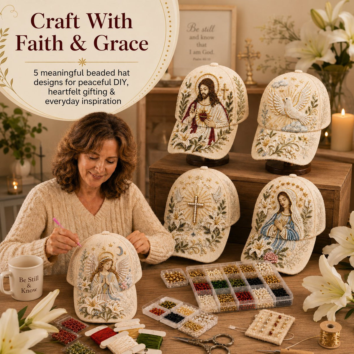 ✝️🧢 Premium Christian Faith Beaded Hat DIY Kit | Luxury Flocked Canvas with Scratch-Resistant Non-Fading Pearl Beads DIY Handmade Devotional Cap Decor 🕊️🪡✨