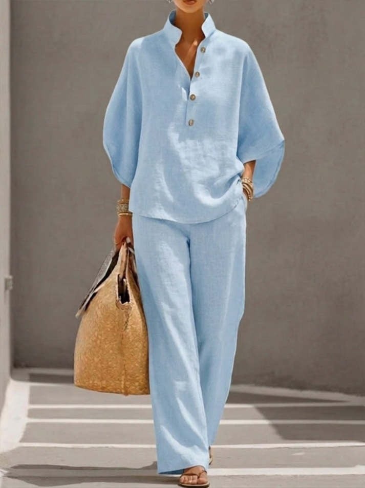 Women's Batwing Sleeve Linen Cotton Two-Piece Set – Casual Shirt & Wide Leg Pants Outfit
