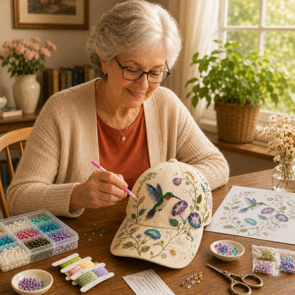 🐦🌸 Premium Hummingbird Garden Beaded Hat DIY Kit | DIY Handmade Floral Cap Decor 🌿🪡✨