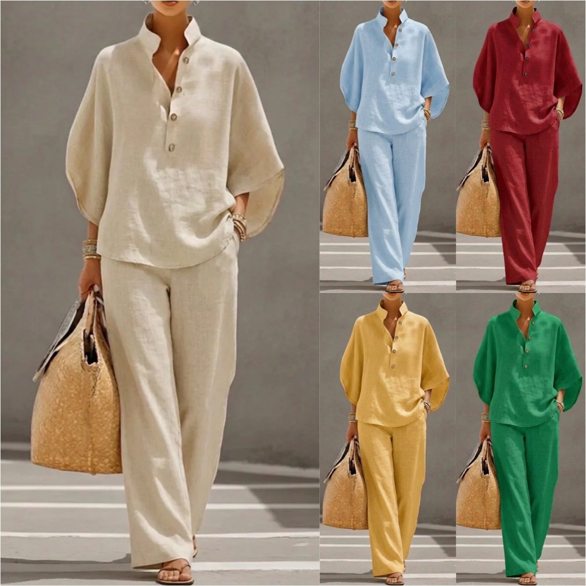 Women's Batwing Sleeve Linen Cotton Two-Piece Set – Casual Shirt & Wide Leg Pants Outfit