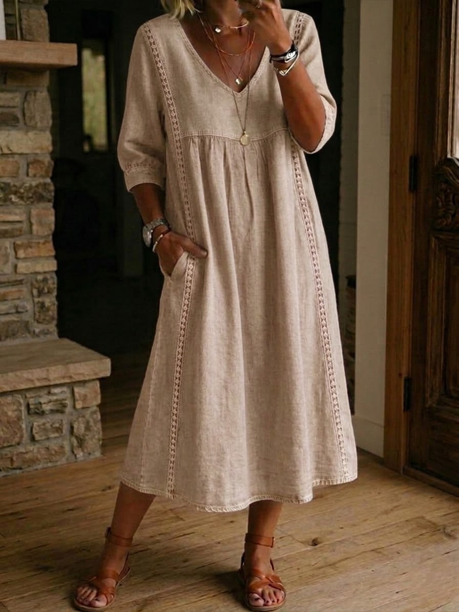 ✨LAST DAY SAVE 49% ⏰ Casual Loose-fitting Patchwork Lace Trim Linen And Cotton Dress