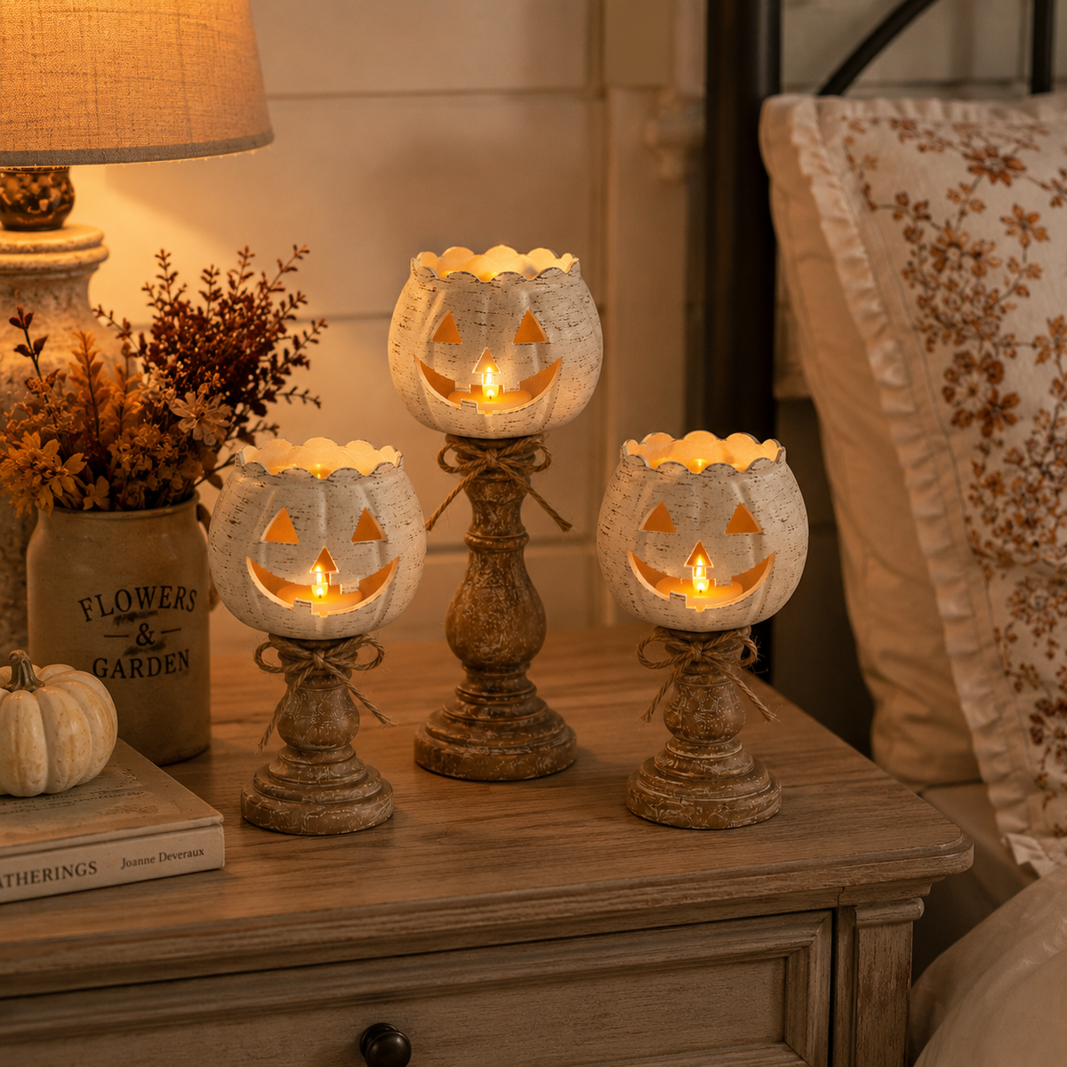 Rustic White Pumpkin Tealight Candle Holder Set of 3