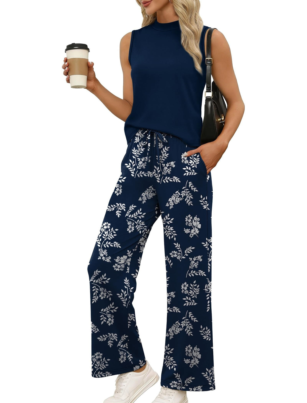 🌿🌿Limited time sale🔥Women's Mock Neck Tank & Printed Wide Leg Pants Set