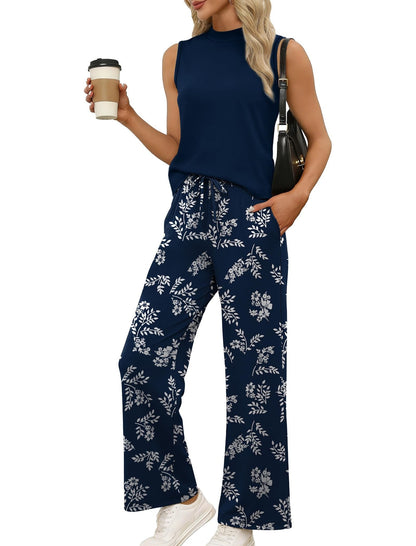 🌿🌿Limited time sale🔥Women's Mock Neck Tank & Printed Wide Leg Pants Set