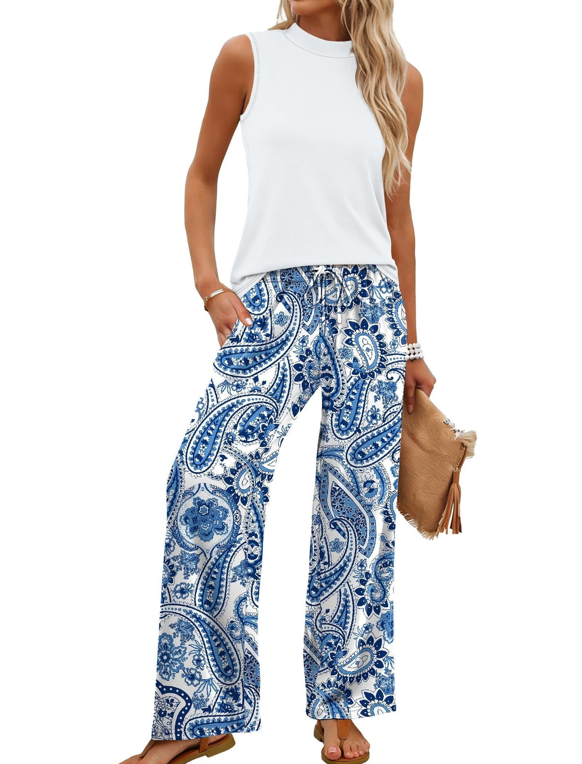 🌿🌿Limited time sale🔥Women's Mock Neck Tank & Printed Wide Leg Pants Set