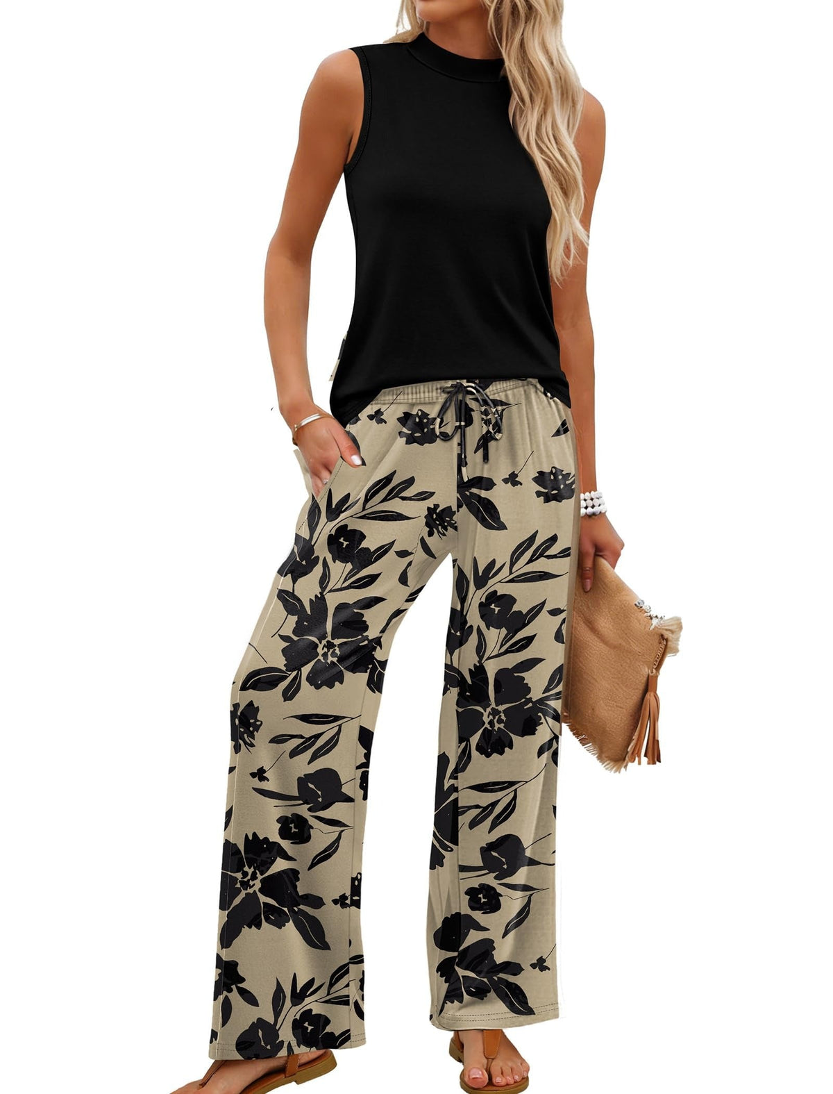 🌿🌿Limited time sale🔥Women's Mock Neck Tank & Printed Wide Leg Pants Set