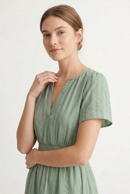 Smocked Waist Long Dress –  V-Neck, Puff Sleeves & Pockets