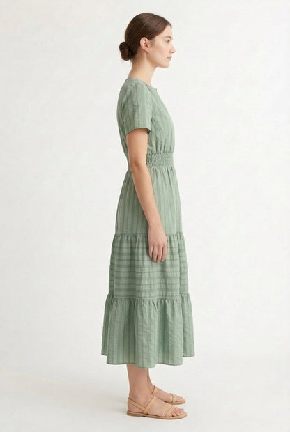 Smocked Waist Long Dress –  V-Neck, Puff Sleeves & Pockets