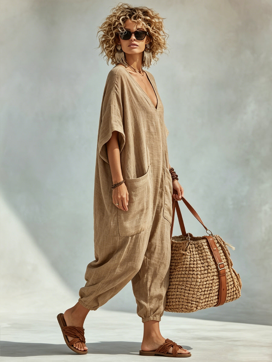 ✨Oversized Linen-look Cotton V-neck Harem Jumpsuit