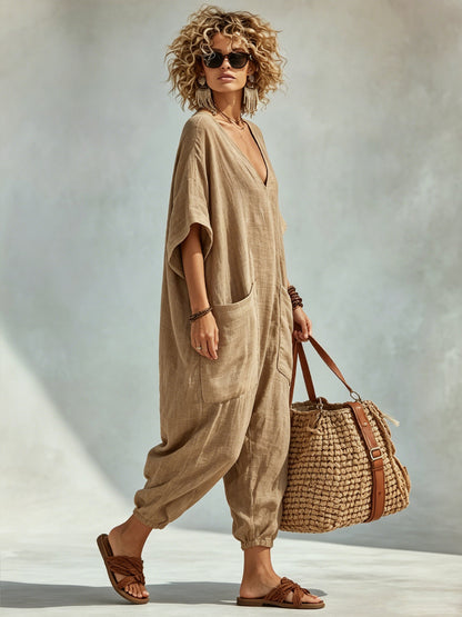 ✨Oversized Linen-look Cotton V-neck Harem Jumpsuit