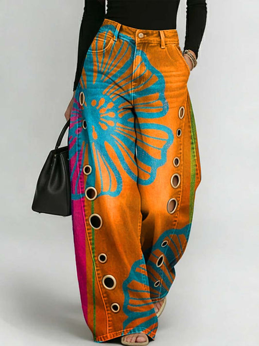 ✨Women's Retro Floral Art Print Casual Stylish Hollow Denim Pants