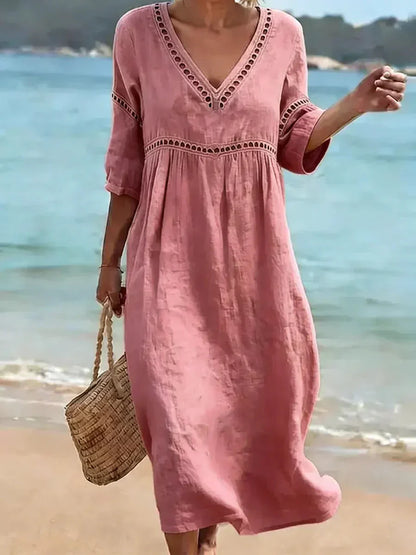 🌿🌿Women's Solid Color Retro Casual Stylish Vacation Cotton Dress